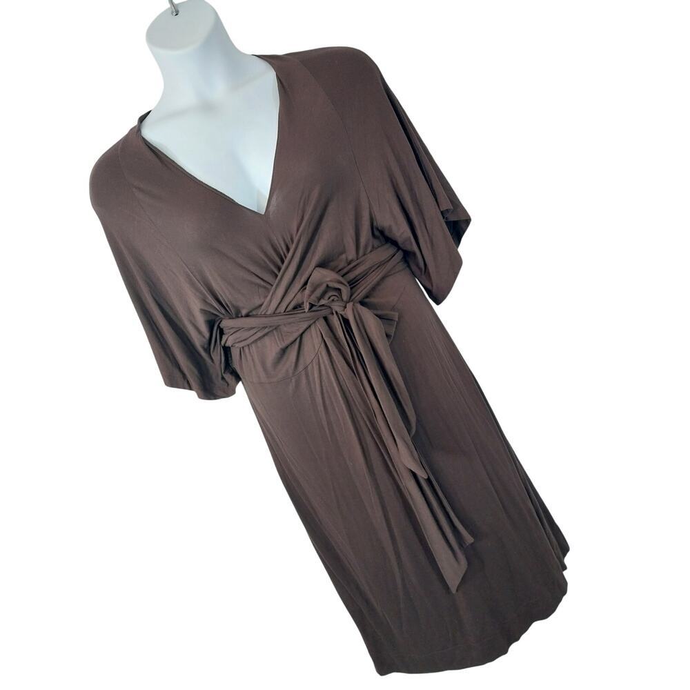 CHADWICKS! ESPRESSO BROWN KNIT JERSEY WRAPPED BELT, HALF SLV MIDI DRESS! SZ 14